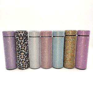 Мода Bling Bling Diamond Water Bottle 500 мл Светодиодная температура Дисплей Тумблер Кубок, питьевой кофе Кружка из нержавеющей стали 304 вакуумная колба