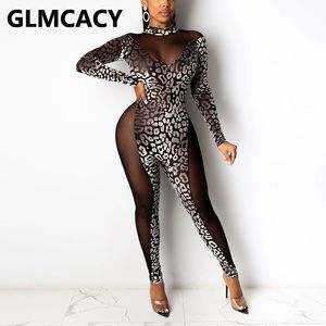 Frauen Langarm Mesh Einsatz Slinky Overall Sexy Partyclubwear Outfits 210702