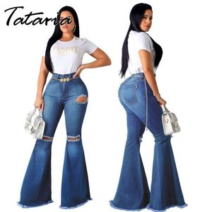 Flare Jeans for Women Blue Casual Women's Ripped Denim Pants Plus Size High Waisted Flared Trouser Spring Sexy Female 210514