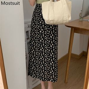 Sommar blommig tryckta chiffong kjol kvinnor hög midja rakt midi koreanska vintage mode splitting femme 210514