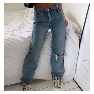 Denim rippade jeans för kvinnor lastbyxor mamma jean höga midja mode hål tunna säckiga långa byxor 210629