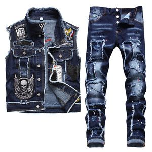 Blue Tracksuits Summer Men 2 Pieces Sets Slim Casual Embroidery Skull Denim Vest and Ragged Paint Patch Stretch Jeans Conjuntos De Hombres