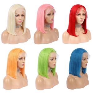 13x4 Lace Frontal Human Hair Wigs Brazilian Straight Short Bobs Blonde 613 Pink Purple Yellow Green Grey Red Blue Wine Colors