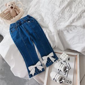 Jeans Baby Mädchen Bell-Bottom 2021 Mode Koreanischen Stil Prinzessin Bogen-knoten Perle Schlitz Ausgestelltes Hosen Kinder Denim hosen