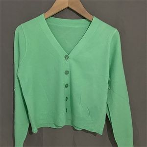 Vintage elegante cor sólida de malha cardigan mulheres moda v pescoço manga comprida Solta-montagem camisola top 210914