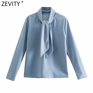 Zevity Womenファッションスタンド襟結び目固体カジュアルスモックブラウス女子ビジネスキモノシャツシックブラザストップスLS7664 210603