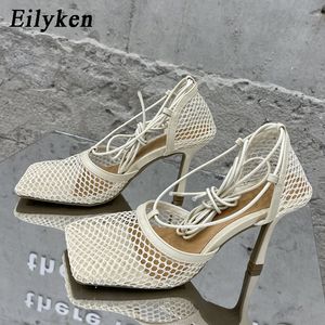Eilyken 2021 New Sexy Yellow Mesh Pumps Sandals Female Square Toe high heel Lace Up Cross-tied Stiletto hollow Dress shoes slhsdhgsgfsg