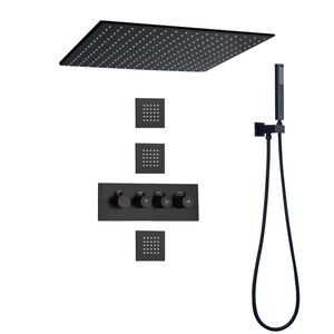 Matte Black Shower Mixer Set 16 Inch LED Bathroom Thermostatic Rainfall Concealed Shower System With Hand-Held Nozzle