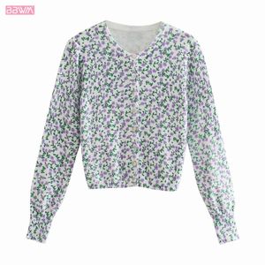 T-shirt da donna a maniche lunghe con scollo rotondo e maniche lunghe a fiori gialli da donna Fashion Vintage Chic Top da donna 210507