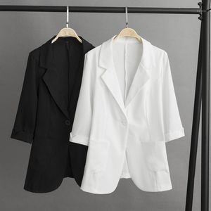 Damenanzüge Blazer Schwarz Weiß Baumwolle Leinen Blazer Mantel Frauen Frühling Herbst Beruf Schlanke Oberbekleidung Plus Größe 4XL Dünne lässige Frau