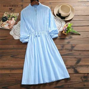 Mori Girl Spring Autumn Chic Women Dress Ruffled Elegant Blue Green Vestidos Mujer Cotton Linen Tassel Kawaii 210520