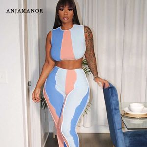 ANJAMANOR Summer Two Piece Set 2021 Contrast Stitch Colorblock Pant Suits Active Wear Women Sets Sexy Club Outfits D85-DB28 Y0625