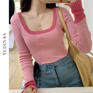 Yedinas Ribbed Patchwork Long Sleeve T shirt Embroidery Casual Slim Cropped Tops Tees Korean Fashion Spring T-shirts For Women 210527