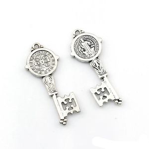 Benedykt Medal Cross Key Charm Wisiorki do biżuterii Making Bransoletka Naszyjnik DIY Akcesoria 16.5x41mm Antique Silver 100szt A-580