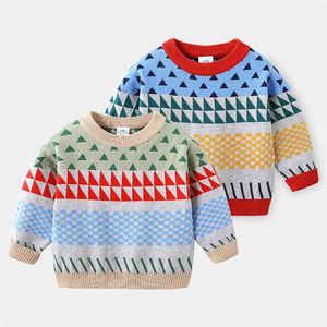 Baby mixcolor tröja vinter barnkläder barn barn stilig o nacke långärmad pullover stickade toppar för pojkar 210701