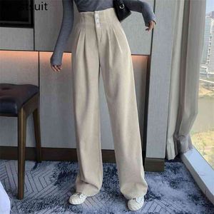 Corduroy High Waist Wide Leg Långbyxor Byxor Kvinnor Knappar Casual Koreansk Rikt Golvlängd Kvinna Fashion 210518