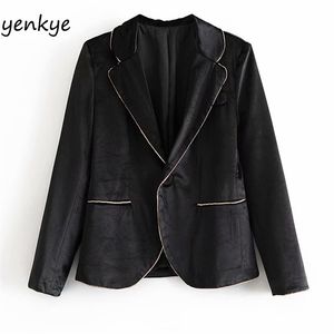 Kadınlar Vintage Siyah Kadife Blazer Uzun Kollu Çentikli Yaka Ince Ofis Takım Elbise Kadın Moda Altın Trim Sonbahar Giyim Tops 210514