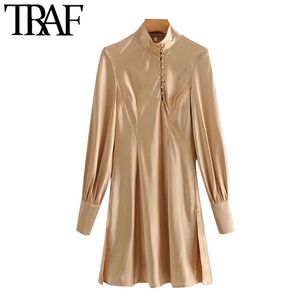 Women Chic Fashion With Buttons Side Vents Cozy Mini Dress Vintage High Neck Long Sleeve Female Dresses Vestidos 210507