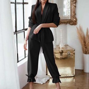 Women's Solid Suits Lace-Up Long Sleeve Tops Ruffle Loose Drawstring Pants Office Ladies 2 Piece Sets Elegant Casual Summer 210930