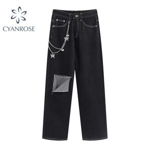 Streetwear Gótico Jeans Rasgado Calças Mulheres Com Cina Do Punk Cintura Alta Moda Pé Grande Perna Buraco Cowboy Calças Costura 110515