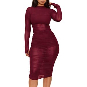 النساء 3 قطعة فساتين الزي مثير كم طويل ruched شير شبكة وشورتات bodycon midi اللباس