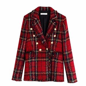 Vintage Double Breasted Tweed Blazer Women Notched Collar Long Sleeve Plaid Coat Spring Casual Office Suit Jack