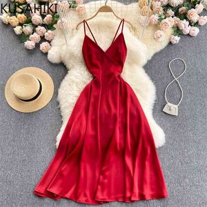 Sommar Spaghetti Strap Klänning Koreansk Elegant Slank Midja Kvinna Klänningar Bow Bandage Backless Vestidos 6J373 210603