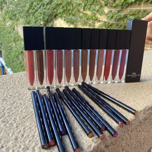 12 färger non-stick cup flytande läppstift läppglans + läppar liner penna kombinationsset i lager ingen logo Gratis skeppsmakeup Matte Lipgloss sätter 12st