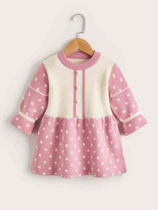 Baby Polka Dot Pattern Pearls Beaded Flounce Sleeve Sweater Dress SHE