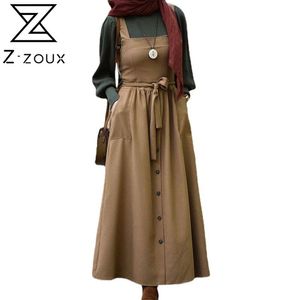 Women Dress Retro Spaghetti Strap Single Breasted Lace Up High Waist Maxi es Plus Size Vintage es Winter 210513