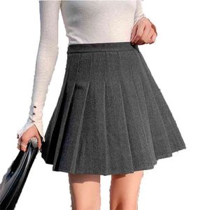 Inverno Woolen Skirt Stay Senhoras Estilo Coreano Alto Cintura Zíper Plus Tamanho Cinza A-Linha Ruched Upskirt Uniforme Escolar Japonês 210604