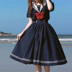 Harajuku Sailor Collar Navy Dress Japanese Lolita Sweet Bow-knot Girl Retro Cotton Kawaii Preppy Style Short Sleeve Women 210623