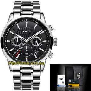 LIGE eternity LG9866 Sport Mens Watches Date Black Dial Japan VK Quartz Chronograph Movement Men Watch alloy Case Silvery Bracelet