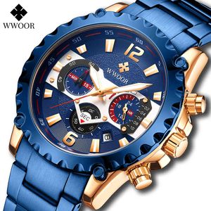 WWOOOR Blue Pull Steel Часы Мужская 2021 Лучшие Бренд Светящиеся Водонепроницаемые Спортивные Хронограф Часы для Человека Кварцевые Военные наручные Часы