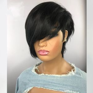 Peruca curta ondulada bob pixie sem renda frontal perucas de cabelo humano com franja para mulheres negras feitas à máquina remy brasileiro