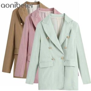 Khaki grön rosa långärmad dubbelbröst casual blazers våren sommar kontor dam kostymjacka kvinnliga rockar 210604