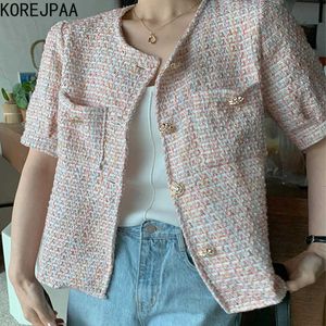 Korejpaaの女性のジャケット夏の韓国のシックな女性の気質シングルブレストダブルポケット緩い半袖ツイードジャケット210526