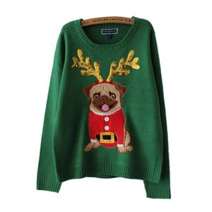 Женская вязаная собака вышивка свитер свитер рождественские о-шеи с длинным рукавом женские топы PL557 210506