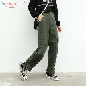 Aelegantmis Casual Fickor Hip Hop harajuku byxor Kvinnor StreetWear Cargo Loose Female Joggers High Waist Byxor 210607