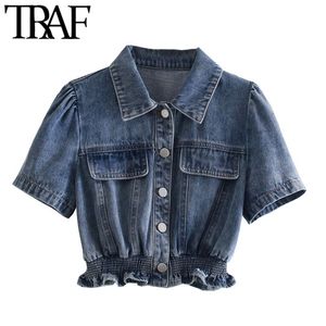 Women Fashion With Elastic Hem Ruffle Cropped Denim Blouses Vintage Puff Sleeve Button-up Female Shirts Chic Tops 210507