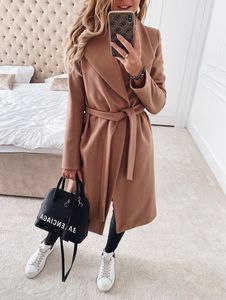 여성용 양모 블렌드 코트 옷깃 카디 건 단단한 긴 소매 겨울 중형 트렌치 코트 벨트 6 색 크기 (S-3XL)