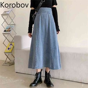 Korobov Denim Skirt Autumn and Winter New A-type Long All-match Umbrella Mid-length High-waisted Thin A-line 210430