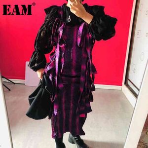 [EAM]女性紫色の皮の縞模様のRuched Bandage Bow Strapsドレス緩いフィットファッション春の秋1dd6776 210512