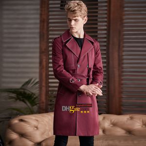 Vinho Red Men Trench Coat estilo Hesperiano Longo Windbreaker Spring Autumn Contrast Moda Moda Bonita Claret sobretudo