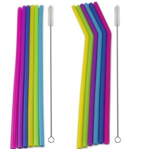 Silikon Drinking Straws Set 7mm 25cm Rak Bent Flexibla återanvändbara sugrör med 2st rengöringsborstar 8st / set