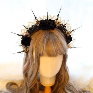 Party Masks Barock Japanese Girl Black Crown pannband Retro Punk Lace Rose Wine Röd huvudbonad Dark Gothic Style Lolita Hair Hoop Props