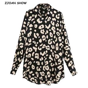 Elegant Lapel Black Beige Leopard Print Mid Long Silk Shirt Retro Woman sleeve OL Blouse Satin Tops Blousas 210429