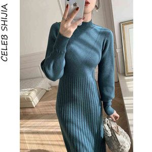 Chic Blue Wool Dress Woman Winter 2021 High Waist Knitted Long Dresses Party Vestido Runway Design Warm Sweater Clothing Autumn Y1204