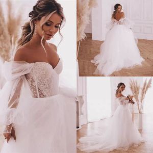 Gorgeous Wedding Dresses Bridal Gown Off The Shoulder With Detachable Long Sleeves Tulle Lace Applique Beaded Sweep Train Custom Made Beach Vestidos De Novia 403
