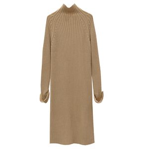 Women Khaki Beige Brown Knitted Sweater Turtle Neck Casual Long Sleeve Midi Dress Autumn Winter D2117 210514